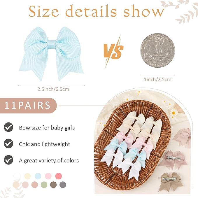 22 Pack Mini Hair Bow Clips for Baby Girls Grosgrain Ribbon Bows Tiny Hair Clips Fine Hair for Girls Infants Toddlers