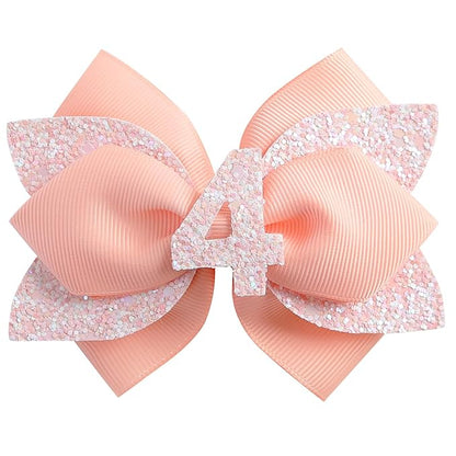 Glitter Birthday Hair Bow for Baby Girls 1 2 3 4 5 6 Years Peach Party Decoration Hair Accessories for Four 4th Birthday