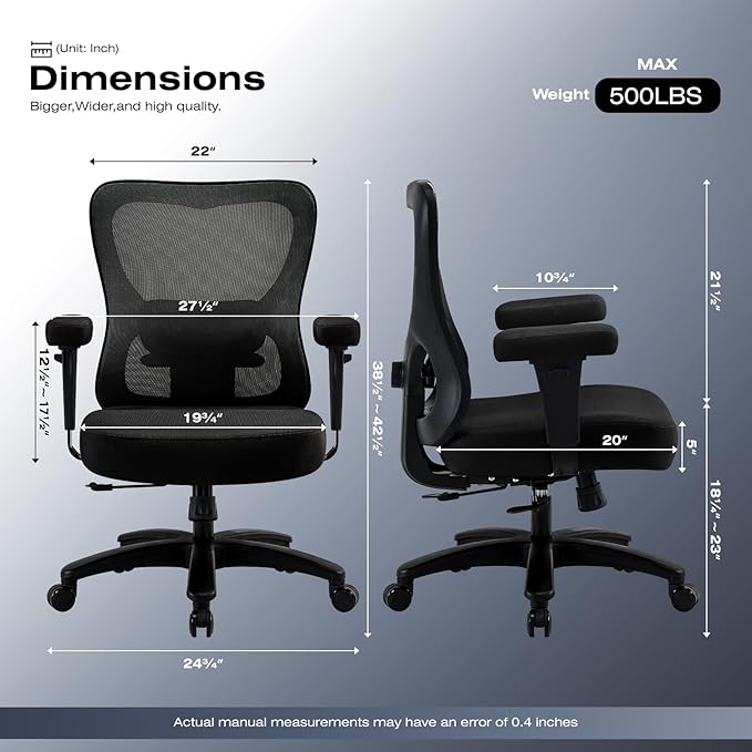 Big and Wide Office Chair 500lbs，Ergonomic Desk Chair with 4 Way Adjustable Lumbar Support, Thicker Seat Cushion, 2D Armrest, Rocking Function, Stable Comfy Computer Mesh Chairs, Black
