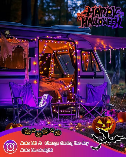 JMEXSUSS 2 Pack Solar Halloween Lights Outdoor Waterproof, Total 66FT 200 LED Orange and Purple Halloween Lights, 8 Mode Black Wire Solar Fairy String Light for Outside Yard Spooky Party Decorations