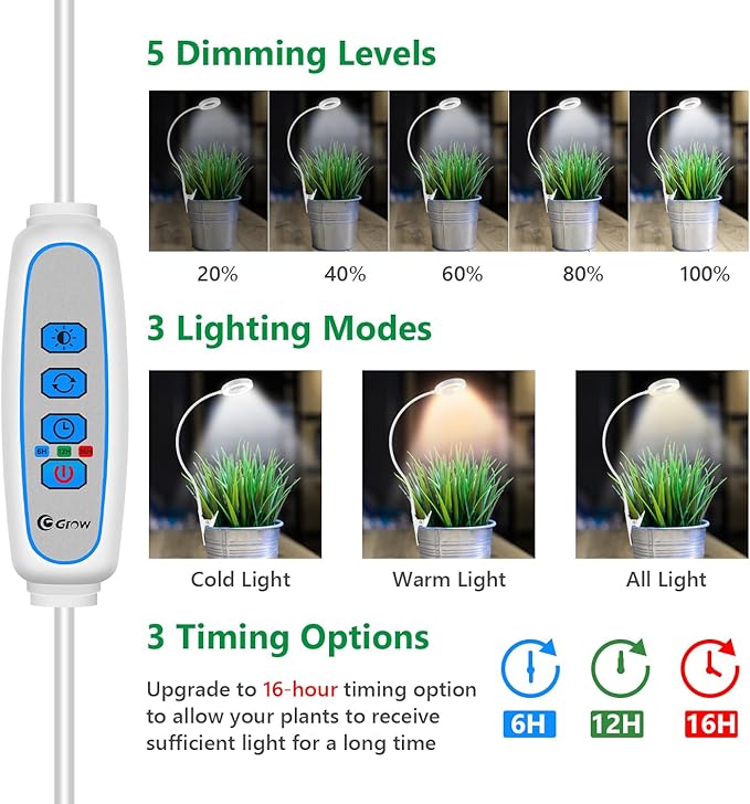 Grow Lights for Indoor Plants, Full Spectrum Clip on Plant Lights for Indoor Growing, White Halo Grow Lamp 3 Pack with 360° Gooseneck, 6/12/16H Timer, 3 Light Modes, 5 Dimmable