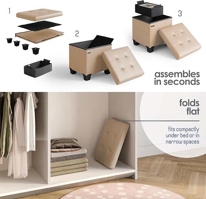 STORAGEBUD Storage Ottoman Cube with Small Bin, 16-in Square Ottoman with Storage for Living Room and Bedroom, Small Ottomans Foot Rest, Faux Leather Foot Stools Ottomans Max 330lbs, Taupe