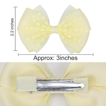 Tiny 3 Inch Dot Organza Double Hair Bow Clips - Cute Lined Boutique Alligator Hairpin for Girls, Toddlers, and Little Teens - Kids Barrettes Set of 2 Small Stylish (Yellow)