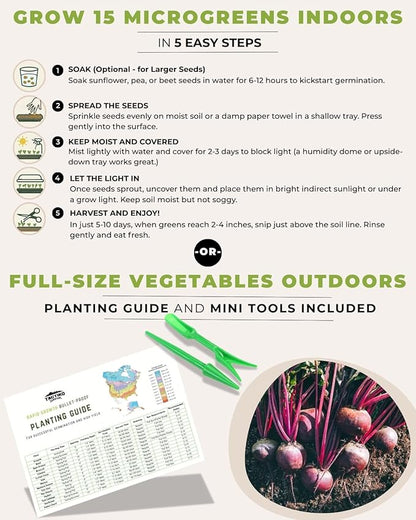 15 Tactiko Rapid Growth Microgreens & Vegetable Seed Kit – Heirloom Non-GMO Grown in USA – for Everyday or Survival Use – Sprout Indoors or Grow Full-Size Veggies in Soil, Containers, or Hydroponics