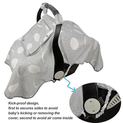 ICOPUCA Car seat Covers for Babies, Muslin carseat Cover Girls/boy, carseat Canopy Light Weight, Breathable, Kick Proof, fit Summer/Autumn/Spring, Black Strip Polka;