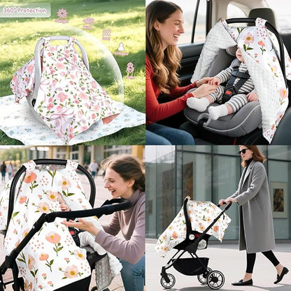 Floral Car Seat Cover Baby Girl, Soft Breathable Infant Car Seat Covers, Girl Baby Car Seat Covers, Skin-Friendly Sunscreen Nursing Stroller Cover 30" x 40"