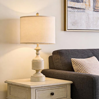 BOBOMOMO White Lamps Set of 2-20.5" Antique White Bedside Lamps for Nightstand, Vintage Farmhouse Lamps for Entryway & Guest Room, Ideal for Small Spaces, Room Lamps for Bedroom