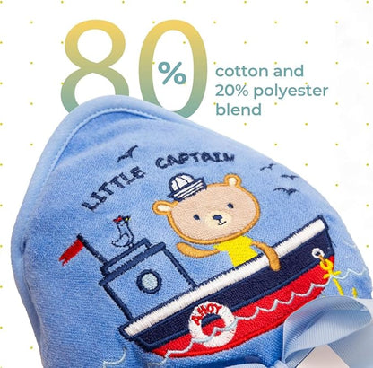 Spasilk Hooded Bath Towel and Washcloths Set for Newborns, 1 Soft Terry Baby Towel and 3 Baby Washcloths, Baby Essentials, Ideal, One Size, Blue Sailor