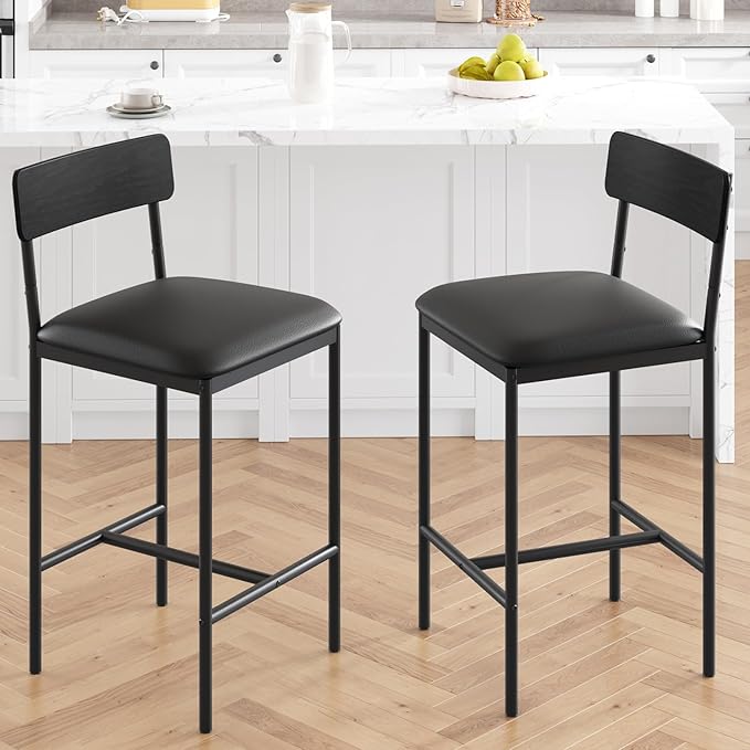 GarveeHome Bar Stools Set of 2, Upholstered Counter Height Bar Stools with Backrest and Footrest, Kitchen Barstools for Island, Counter Bar, Easy Assembly, Rustic Black