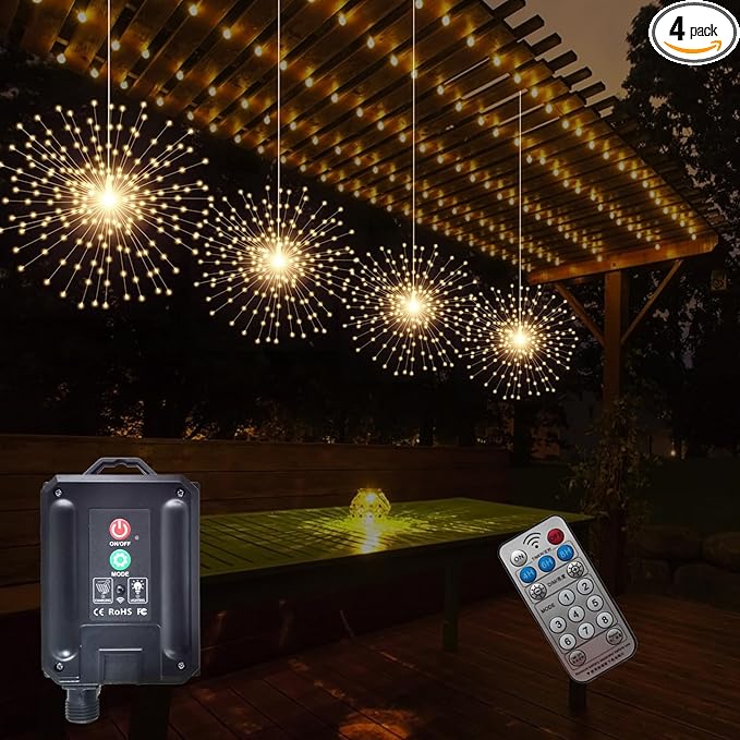 4 Pcs 800LED Solar Starburst Sphere Lights,Firework Light Remote Control Timer 8 Modes Dimmable Waterproof Hanging Fairy Lights, Sparkly Light for Patio Garden Tent Outdoor(Warm White)