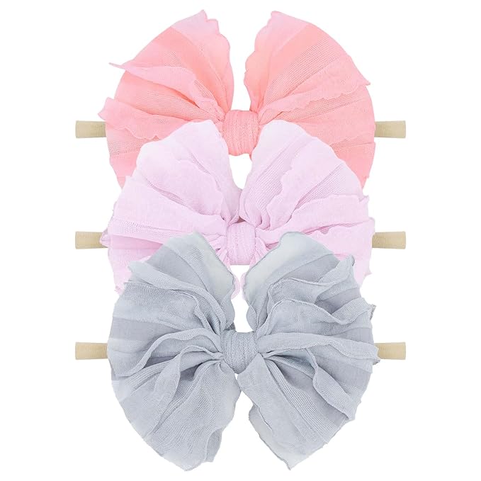 Baby Girls Stretchy Soft Knot Headbands with Hair Bows Newborn Toddler Hairbands Infant Toddlers Kids Hair Accessories Purple Gray Pink 3 PCS