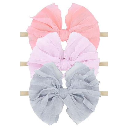 Baby Girls Stretchy Soft Knot Headbands with Hair Bows Newborn Toddler Hairbands Infant Toddlers Kids Hair Accessories Purple Gray Pink 3 PCS