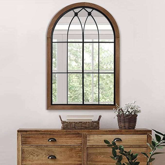 blue page Arched Mirror, Farmhouse Wall Decor, Rustic Wood Framed Accent Mirror Like Window for Bathroom Vanity, Bedroom, Entryway, or Living Room