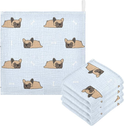vvfelixl Cute French Bulldog Sleeping Baby Burp Cloths Baby Muslin Washcloths for Boys Girls Cotton Baby Face Towel for Newborn Infants Soft and Absorbent 11.8 X 11.8 in, 5 Pack
