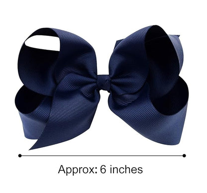 DEEKA 2 PCS 6" Big Hand-made Grosgrain Ribbon Solid Color Hair Bows Alligator Clips Hair Accessories for Little Teen Toddler Girls Kids Set of 2 -Navy Blue