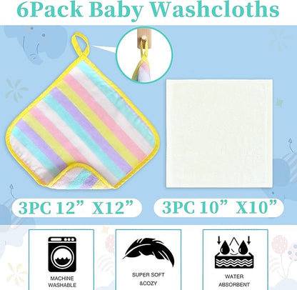 VOOVA & MOVAS Rainbow & Ivory 6 Pack Baby Washcloths – 100% Cotton, 12"x12" – Highly Absorbent & Ultra-Soft – Newborn Towels – Baby Essentials, Perfect Set