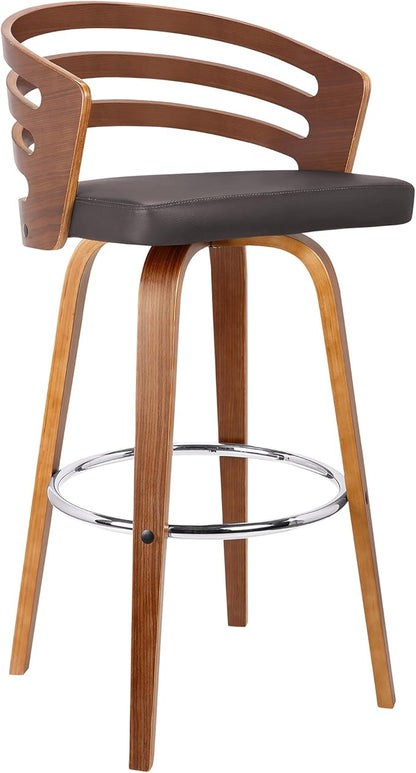 Armen Living Jayden Mid Century Modern Swivel Bar Stool for Kitchen Island Counter in Brown Faux Leather and Walnut Wood, 26" Seat Height