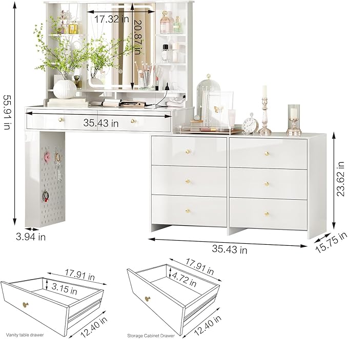 Makeup Vanity Desk with Mirror and Lights, Vanity Desk with 8 Drawers & Storage Shelves, Vanity Table with Power Outlet, 3 Color Modes & Adjustable Brightness Dressing Table, Bedroom,White2