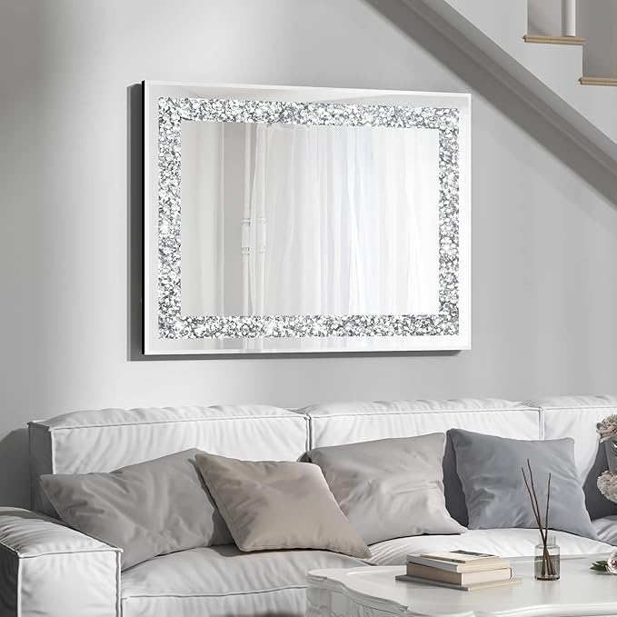 Crystal Decorative Mirror-36 x24 Gorgeous Silver Mirror, Crush Diamond Mirror for Wall Decoration Bedroom, Bathroom, Dining Room and Living Room