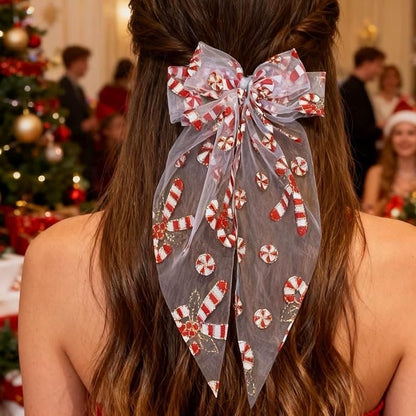 Christmas Bow Hair Clips for Women Girls, Red White Glitter Bow Hairpin, Santa Cane Alligator Clips with Long Tail, Festive Hair Accessories – Xmas Party Wedding Decorations(1 Pack)