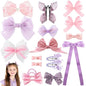 18pcs purple & pink hair bows for girls. cute bows with alligator clips, bow hair ties, snap-clip hairpins. Handmade hair accessories gift set for girls.
