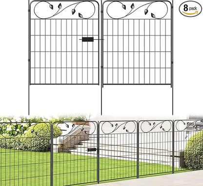 Decorative Metal Garden Fence 30in(H) X16ft(L) 1 gate+7 Panels Temporary Dog Fence Border for Landscape Patio Outdoor with gate, No dig Garden Fencing Gates for Yard