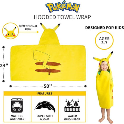 Pokemon Pikachu Bath and Beach Soft Cotton Terry Hooded Towel Wrap, 24" x 50", (Officially Licensed Product) by Franco