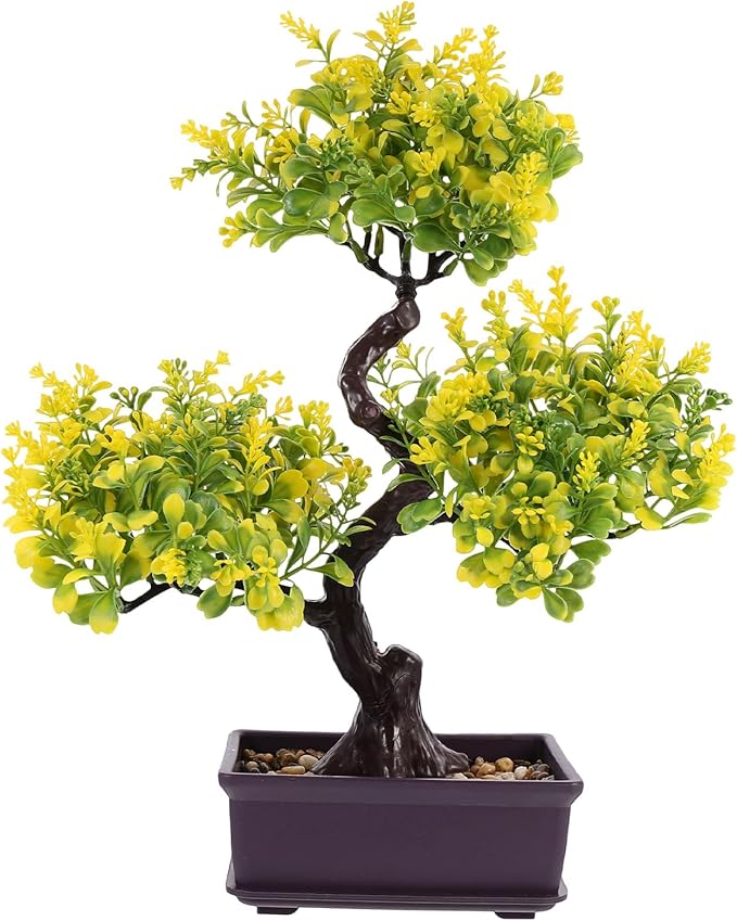 Cabilock Artificial Bonsai Tree, Fake Potted Bonsai Plants Decoration, Simulation Faux Plants Decor, Desktop Realistic Welcoming Pine Ornament for Home Office Entryway Chests Decor, Yellow