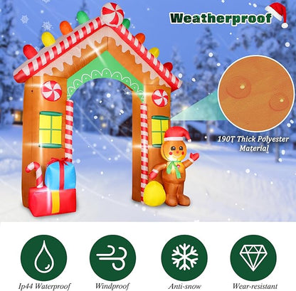 FunFanso 9 FT Christmas Inflatables Archway Outdoor Decorations, Gingerbread Man House Arch Blow Up Yard Decoration with Colorful Gift Boxes, Built-in LED Lights for Garden Porch Xmas Party Decor