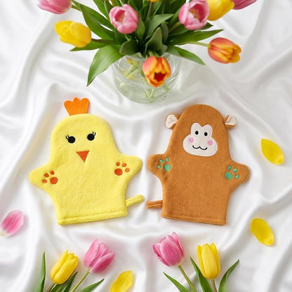 2PCS Baby Bath Mitt Washcloths Gloves Monkey Chicken Toddler Soft Washcloths for Kids Designed in Cute Animal Towel Gentle Scrub for Baby Girl Boy Bath Shower