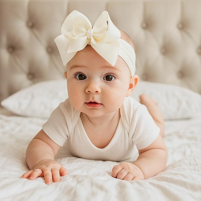 Tucnoeu 3pcs Baby Girl Headbands with Bows - Soft Stretchy Newborn Bows for Girls, Infant Toddler Hair Accessories (White, Ivory, Pink)