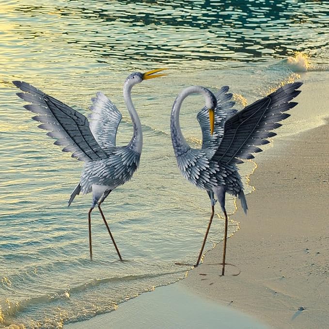 24-27 Inch Standing Crane Garden Sculptures & Statues, Crane Metal Yard Art for Backyard, Lawn, Patio, Porch, Birthday, Wedding Decorations, Gray