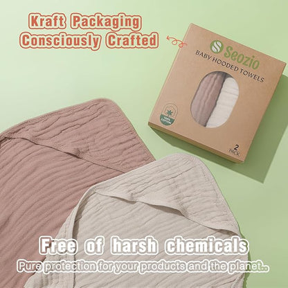 Muslin Hooded Baby Towels, 2 Pack 100% Cotton 32x32Inch Baby Bath Towel with Hood for Babies, Infant, Toddler, Soft and Absorbent Newborn Essential. (Light Bean Paste)