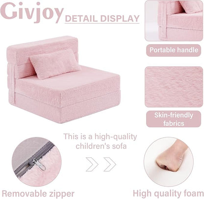 Folding Sofa Bed Floor Mattress for Kids with Pillow, Toddler Washable Folding Floor Nap Mat for Sleeping Daycare, Child Fold Up Sofa Futon Chair Bed with Storage Bag for Children