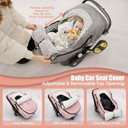 ACRABROS Car Seat Cover Baby: Winter Infant Carseat Canopy for Boy Girl Newborn, Zipper Peeping Window, Warm Cozy Cold Weather Waterproof Fitted, Pink