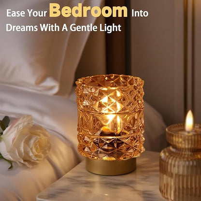 MJ PREMIER Battery Operated Lamp with Timer, Cordless Table Lamps for Shelf Decor, Rhombus Texture Aesthetic Crystal Lamp, Small Decorative Lamps for Bedroom/Bathroom/Kitchen/Entryway/Dorm (Yellow)
