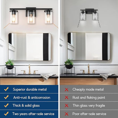 20in Bathroom Light Fixture Over Mirror, 3-Light Matte Black Vanity Lights with Clear Glass Shades, Modern Wall Sconces for Living Room, Bedroom, Hallway, E26 Base