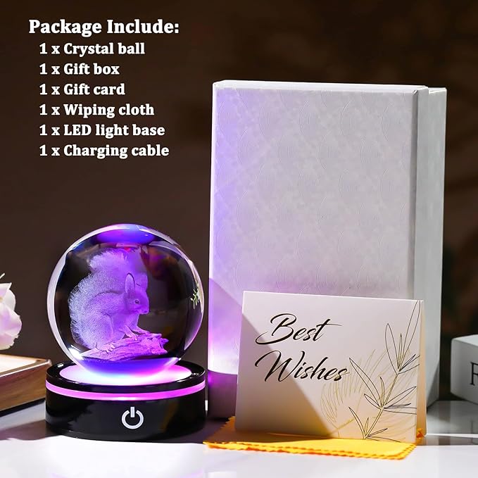 YWHL 3D Squirrel Figurine Crystal Ball with Colorful Light Base, Squirrel Gifts for Women Men on Christmas Birthday, 3D Laser Engraved Squirrel Ornament Glass Decorative Ball for Home Decor (80mm)