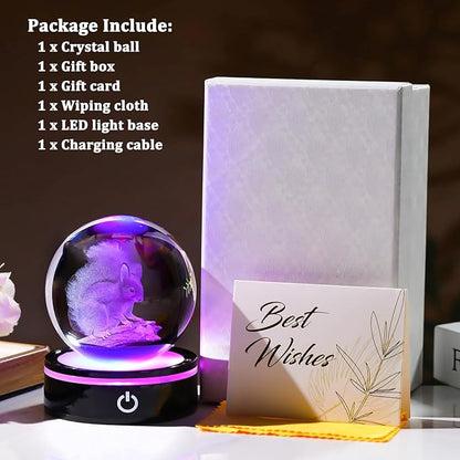 YWHL 3D Squirrel Figurine Crystal Ball with Colorful Light Base, Squirrel Gifts for Women Men on Christmas Birthday, 3D Laser Engraved Squirrel Ornament Glass Decorative Ball for Home Decor (80mm)