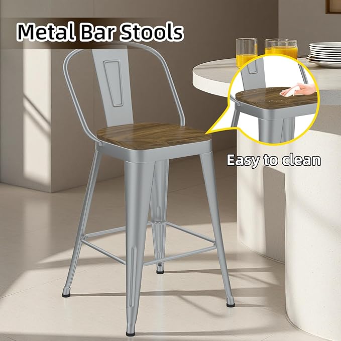 Metal Bar Stools Set of 4, High Back Bar Stools with Wooden Seat, 26 inch Silver Barstools for Kitchen Island