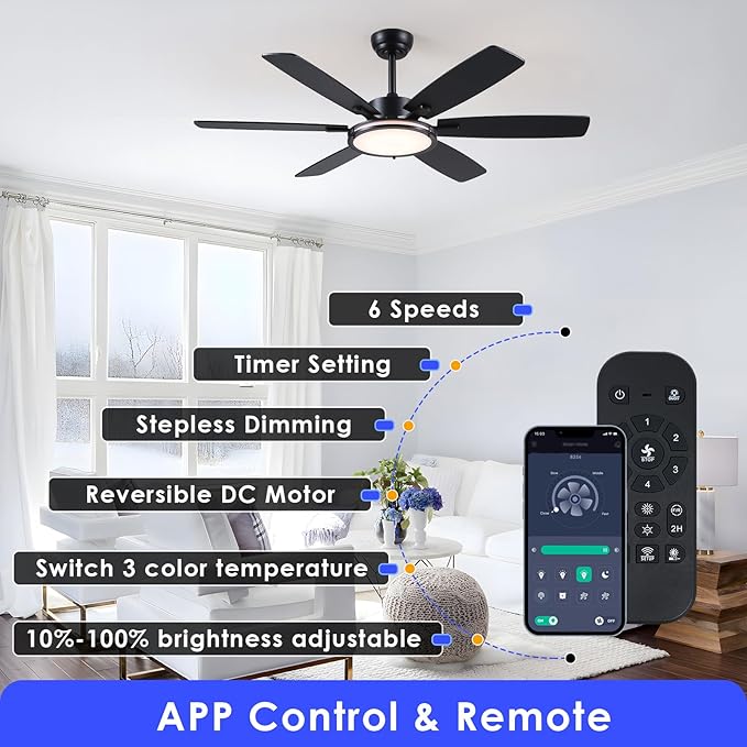 Hounberi Ceiling Fans with Lights, 52 Inch Black Ceiling Fan with Light and Remote Control, 3CCT, 6 Speeds, Quiet Reversible DC Motor, Dimmable, Ceiling Fan for Bedroom, Patio, Living Room