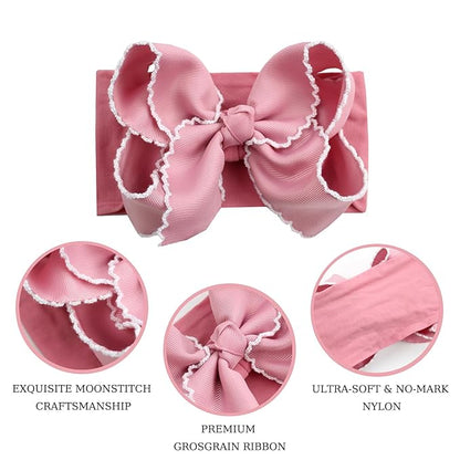 6'' Jumbo Blush Pink Baby Girls Bow Headbands, Handmade Grosgrain Moonstitch Boutique Baby Headwraps, Super Stretchy Soft Nylon Headbands for Newborns, Infants & Toddlers