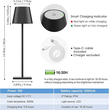 4-Pack LED Rechargeable Table Lamp, Battery Desk lamp 3W 5000mAh Battery Operated Stepless Dimming Modern Portable Table Light for Restaurant/Dinner/Bedroom/Outdoor IP54 Waterproof (Black)