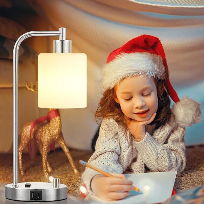 Lynnoland Set of 2 Industrial Table Lamps with USB C+A Ports and Outlet, Brushed Nickle Fully Stepless Dimmable Bedside Lamps, Nightstand Lamp with Opal Glass Shade for Reading Office (2 LED Bulb)