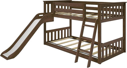 Max & Lily Twin Over Twin Low Bunk with Slide and Ladder, Wooden Bunk beds with 14” Safety Guardrail for Kids, Toddlers, Boys, Girls, Teens, Bedroom Furniture, Walnut