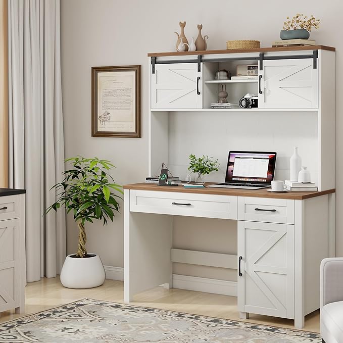 Farmhouse 47" Executive Desk, Computer Desk with Drawers and Storage Cabinet, Home Office Desks with Hutch and Charging Station, Workspace for Work & Study (Unique White).