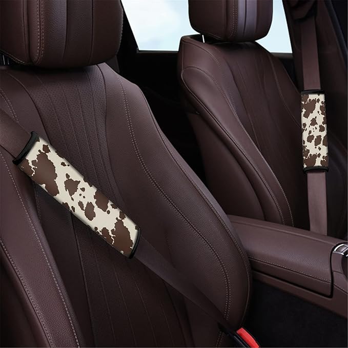 Biyejit Brown Cow Print Universal Car Seat Belt Pads Cover, Safety Seat Belt Comfortable Shoulder Pads for Adults and Children 2 Packs