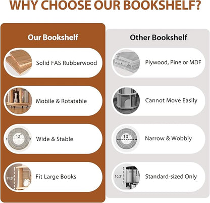 Solid Wood Rotating Bookshelf on Wheels, 5 Tier, Round Revolving Bookcase, 360° Spinning Book Shelf Tower for Kids, Narrow Rolling Bookshelves for Small Space, Corner, Bedroom, Office, Natural