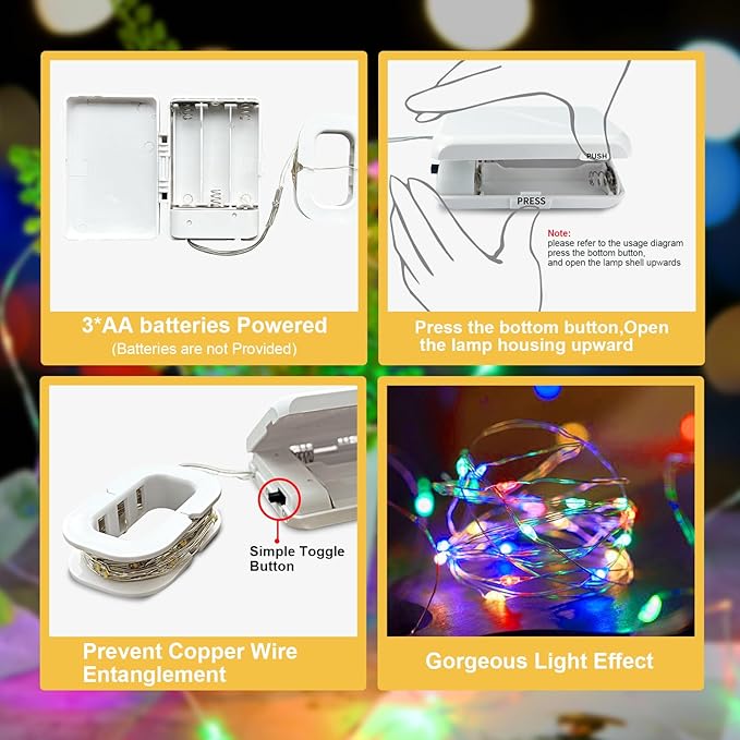 Aogist 16 ft Battery Operated Multicolor LED Fairy Lights, 2 Pack with 50 LEDs, Indoor Use, Perfect for Bedroom, DIY, Wedding, Party, Christmas Decoration