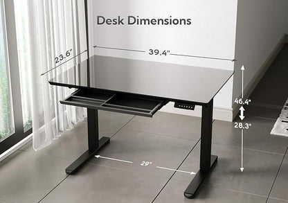 INNOVAR Glass Standing Desk with Drawers, 40×24 Inch Adjustable Stand Up Desk Quick Install Home Office Computer Desk, Black